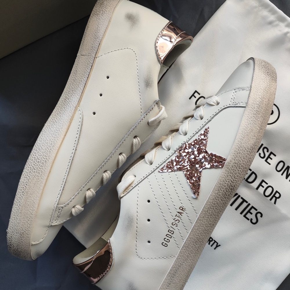 Golden Goose White Leather Sneakers with Rose Gold Glitter Star Detail - Picture 3 of 7